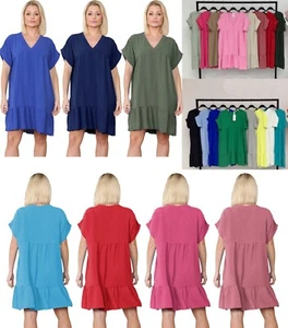 New Womens V Neck Frill Layered Summer Beach Tiered Smock Swing Mini Dress Top - Picture 1 of 14
