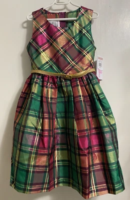 Bonnie Jean Girls 12 Party Dress Gold Metallic Plaid Christmas Holiday NEW w Tag - Image 1 of 4