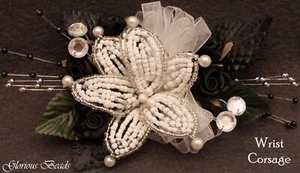 Black White Wedding Corsage, Boutonniere Choose Pin On or Wrist Prom Beaded Lily - Picture 1 of 8