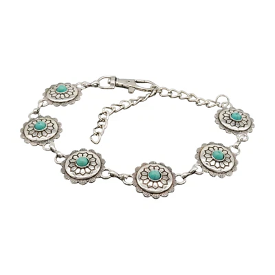 Pulseira feminina prata metal corrente bota sapato berloque flor turquesa acessório divertido - Imagem 1 de 4