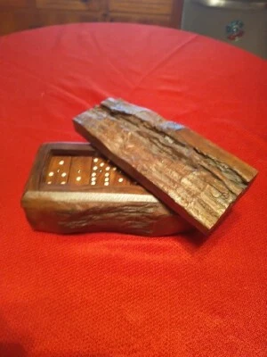 Complete Rustic Wood Carved Log Double Six Spinner Dominoes Set 28 Tiles - Image 1 of 4