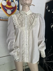 Vintage 70s Gunne Sax Blouse Victorian Lace Net Ruffle Frill Mesh Prairie - Picture 1 of 9