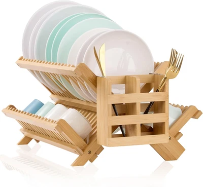 Estante de secado de platos Bmaboo para mostrador de cocina 3 niveles plegable de madera para secado de platos Foto 1 de 4