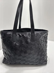 H&M Intrecciato Woven Faux Leather Tote Bag Black Large Shoulder Handbag 14x10x6 - Picture 1 of 10