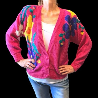 Cárdigan Suéter Tejido Pequeño Vintage Años 80 Jaclyn Smith Rosa Caliente Floral Foto 1 de 4