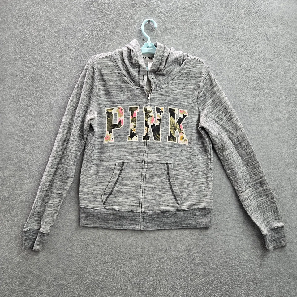 Victoria's Secret ROSA Mujer Sudadera con Capucha M Gris Floral Letras Logo Cremallera LEER Foto 1 de 4
