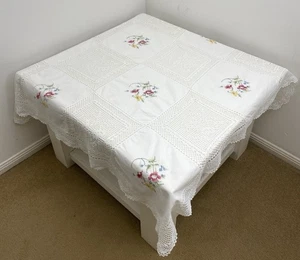 Cream Floral Hand Embroidered Small Square White Cotton Lace Tablecloth 105 cm - Picture 1 of 16