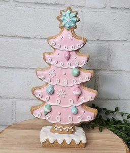 Pink Gingerbread Christmas Tree Glitter Snowflakes Frosted Resin 10" Candyland - Picture 1 of 7
