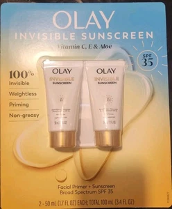 NEW Olay Invisible Sunscreen SPF 35 + Primer 1.7 fl oz 2-pack Set Vitamin C & E - Picture 1 of 3