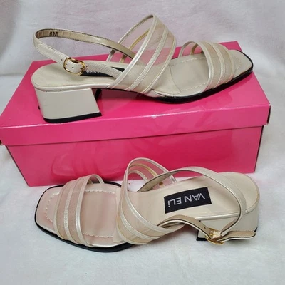 Sandalias para mujer Vaneli Killian arena de cuero y malla con honda trasera tacón bloque caja 8M  Foto 1 de 4