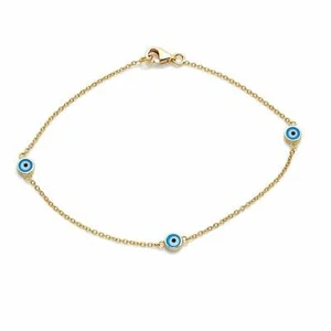 14K Solid Yellow Gold Evil Eye Bracelet, Dainty Evil Eye Bracelet, Kabbalah - Picture 1 of 3