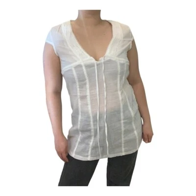 Vintage Y2K White Sheer  Lace-Up Short Sleeve Tunic Top V-Neck Tie-Up Detail - Image 1 of 4