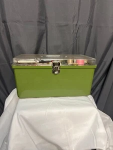 Vintage Clear/Green MCM Sewing Kit Box FULL OF VINTAGE ITEMS! - Picture 1 of 9