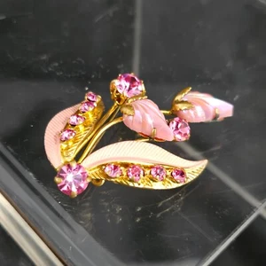 Broche Vintage Rosa Iridiscente Cabujón Rosa Estrás Flor - Imagen 1 de 12