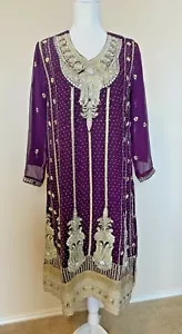 New Shalwar Kameez 4 Pc Heavy Embroidered Suit Purple Georgette Sz L Party Shadi - Picture 1 of 12