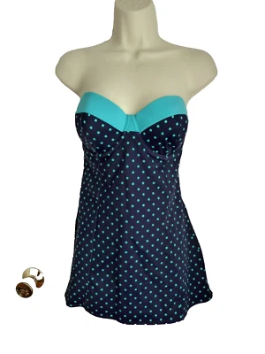 SPANX 12 Tankini Swim Top Blue Teal Polka Dots A-line Shaped Cups - Image 1 of 4