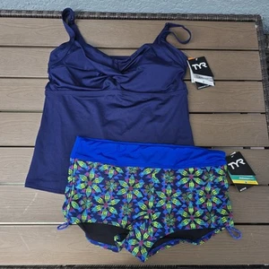 TYR Women's Durafast Solid Navy Twisted Tank W/edessa Boy Shorts Swim Sz XL NEW  - Picture 1 of 6