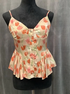 NWT ASTR the Label Satin Floral Crystal Buttons  Ruffle Hem Bustier Top S - Image 1 of 4