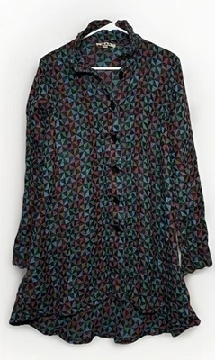 女式 FLAX 几何图案长袖纽扣束腰连衣裙中号波西米亚艺术 70 年代 — 第 1/4 张图片