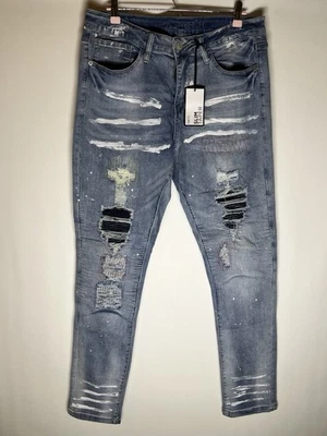 Pantalones de mezclilla Rue 21 desgastados parcheados para hombre 34x34 lavado ligero Supreme Flex Foto 1 de 4