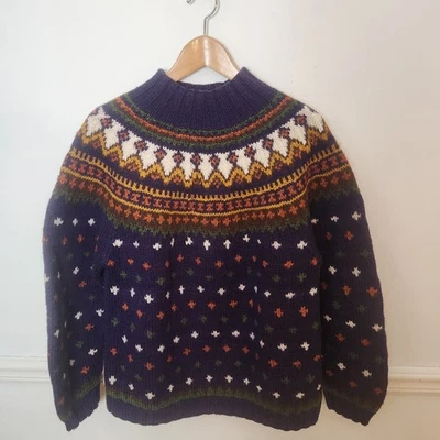 Vtg Gap Sweater Sz Small Mens 100 Wool Fair Isle Handknit Purple Geometric Mock - Image 1 of 4