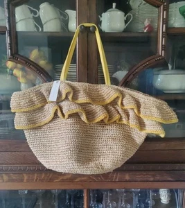 BTB Los Angeles Joey Ruffle Raffia Woven Tote Bag Yellow Trim 💛 - Picture 1 of 10