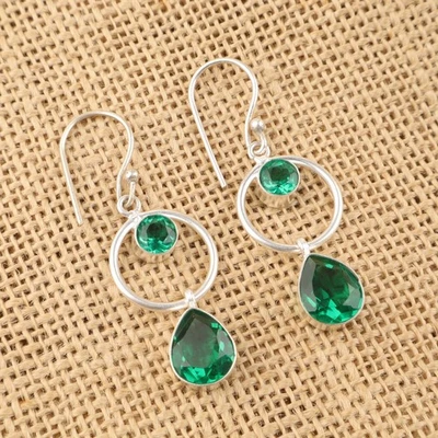 Sterling Silver Green Emerald Stone Dangle Drop Birthday Mother Earrings Jewelry - Image 1 of 4