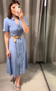 ZARA NEW BLUE COLLAR SOFT DENIM MIDI BUTTONED BELTED SHIRT DRESS SIZE M - Picture 1 of 6