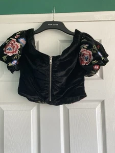Women’s Topshop Black Velvet Floral Cropped Jacket Size 10 - Picture 1 of 8