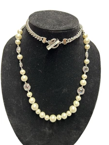 Givenchy VTG Knot Pearl Open Bezel Crystal Necklace Signed 36 inch Long Toggle - Picture 1 of 11