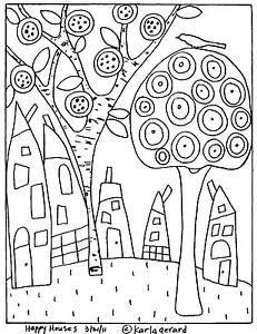 RUG HOOKING CRAFT PAPER PATTERN Happy Houses FOLK ART ABSTRACT Karla Gerard - Picture 1 of 3
