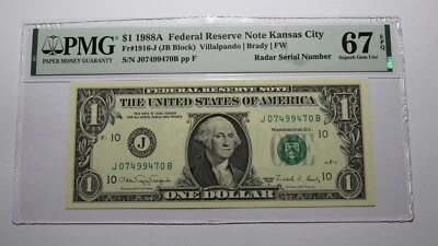 $1 1988 Radar Serial Number Federal Reserve Currency Bank Note Bill PMG UNC67EPQ - Image 1 of 3