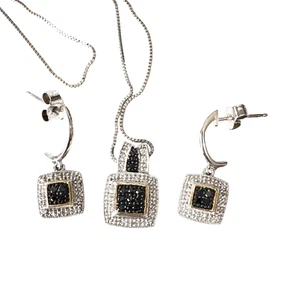 Set collana e orecchini firmati JWBR 925 argento sterling bianco e nero ~ catena 18" - Foto 1 di 6