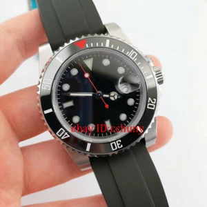 40mm Estéril Rojo Segundo Cristal Zafiro Reloj Automático Correa Curva de Goma - Imagen 1 de 6