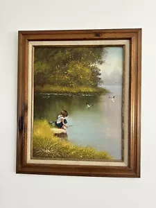 "Still Waters, Young Dreams" C Manuel Original Öl - Junge Angeln 16" x 20" gerahmt - Bild 1 von 6