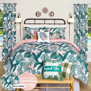 PALM LEAVES COASTAL NAUTICAL TROPICAL KING SZ COMFORTER & SHAMS - PINK GREEN - Picture 1 of 3