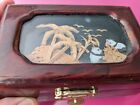 Vintage Asian Jewelry Trinket Box With Carved Cork Scene Pandas 
