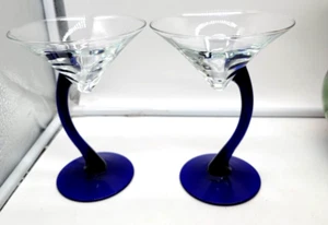 2 Libbey Blown Glass Floating Martini Glasses Cobalt Blue Stem Abstract Barware - Picture 1 of 6
