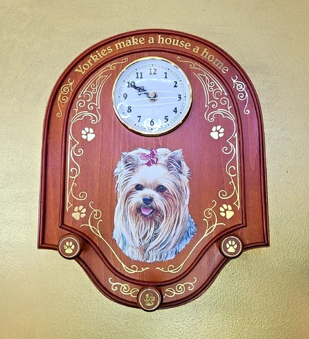 The Danbury Mint Wall Clock and Leash Rack Yorkie Dogs w Gold Swirls Cover
