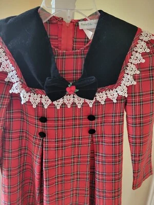 Rare Editions Dress Sze 7 Red Plaid Velvet Collar Lace Holiday Christmas Party - Image 1 of 4