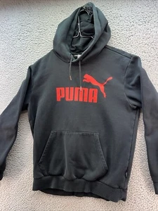 Puma Hoodie Sweatshirt Mens Medium Pullover Black Long Sleeve Red Logo - Imagen 1 de 14