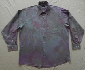 Tie Dye Purple Blue Green Long Sleeve Button Up Shirt - XL Mens Hand Made - Picture 1 of 6