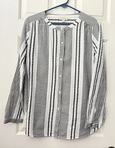 loft outlet women's size L green/white striped button down long sleeve short top - Picture 1 of 21