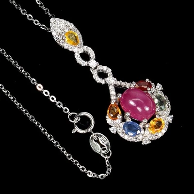 925 Sterling Silver Necklace Oval Ruby 8x6mm Sapphire Gemstone Jewelry - Image 1 of 4