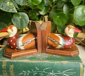 Vintage De Stijl Italy Wooden Bookends Ducks Hand Carved Firenze Mcm 70s RARE - Picture 1 of 18