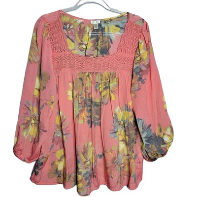 SPENSE женщин XL цветочный квадратный воротник крючком отделки крестьянская блузка верхний розовый желтый - Изображение 1 из 4