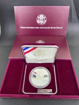 1993 Thomas Jefferson 250th Anniversary BU 90% Silver Dollar Coin Box and COA - Image 1 of 4