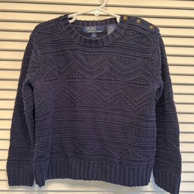 Polo Ralph Lauren Hand Knit Linen Cotton Blend Sweater Top Button Shoulder Blue - Image 1 of 4