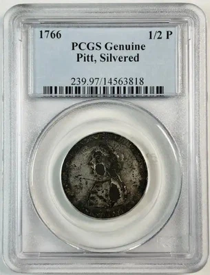 Ficha colonial Pitt 1766 P medio penique PCGS genuina William Pitt, plateada Foto 1 de 3