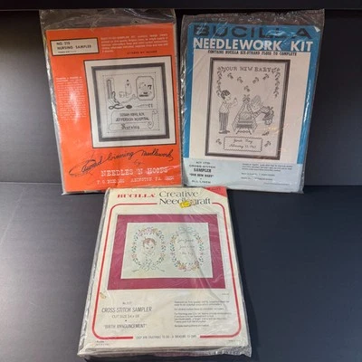 (3) VTG CROSS STITCH SAMPLER KITS - Birth Announcement, Nursing, New Baby - Image 1 of 4